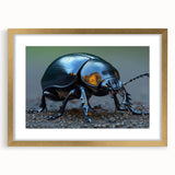 Gold-framed wall art showcasing a detailed beetle design, featuring intricate patterns and vibrant colors, perfect for insect enthusiasts and modern decor.