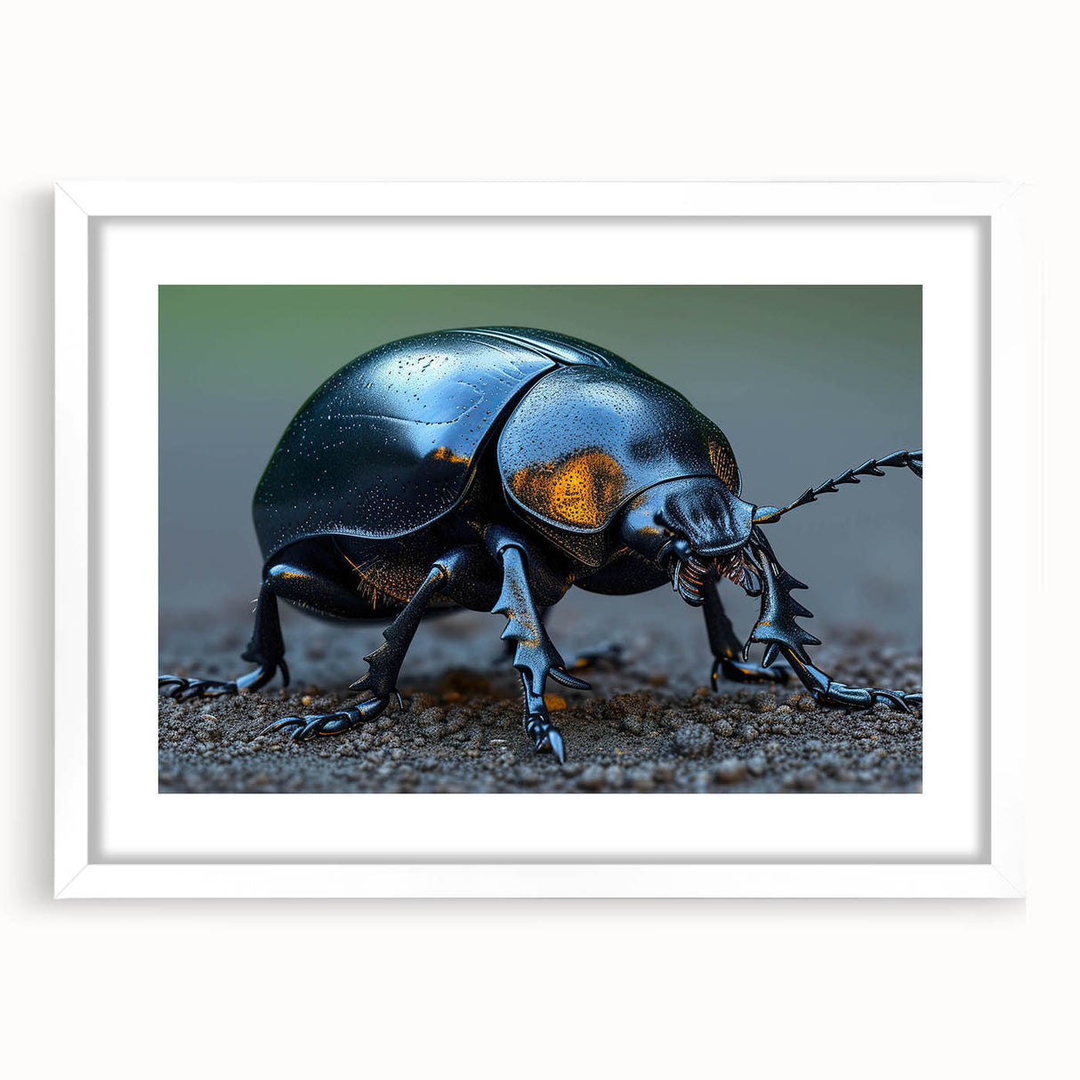 Framed wall art featuring a detailed beetle and arachnid design, showcasing vibrant colors on a white mat, perfect for insect enthusiasts and modern decor.