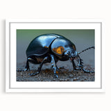 Framed wall art featuring a detailed beetle and arachnid design, showcasing vibrant colors on a white mat, perfect for insect enthusiasts and modern decor.