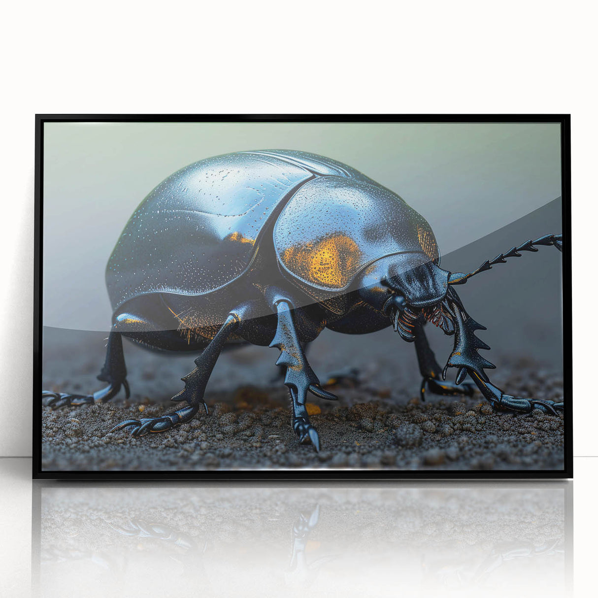 Framed black acrylic wall art showcasing a detailed beetle design, perfect for insect enthusiasts and modern decor, enhancing any room's aesthetic.