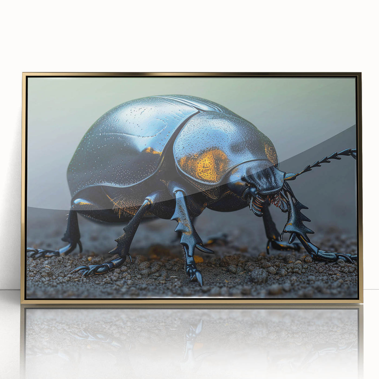 Framed wall art featuring a detailed insect and arachnid beetle design with gold accents, showcasing vibrant colors and intricate patterns, perfect for nature enthusiasts.