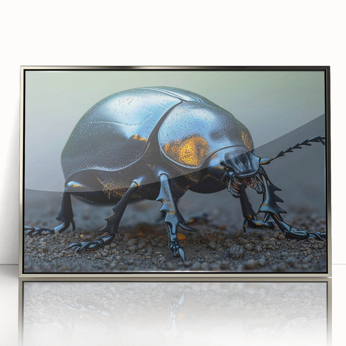 Framed wall art showcasing a detailed beetle design from the Insect and Arachnid collection, featuring a sleek silver frame with a modern aesthetic, perfect for nature enthusiasts.
