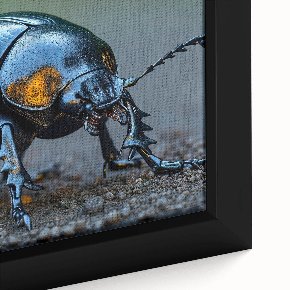 Close-up of a framed canvas wall art piece showcasing a detailed insect and arachnid beetle design, featuring vibrant colors and intricate patterns, perfect for nature enthusiasts.