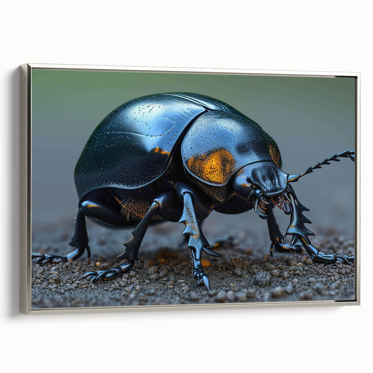 Framed canvas wall art featuring a vibrant insect and arachnid beetle design, showcased in a sleek silver frame, ideal for modern decor and nature enthusiasts.