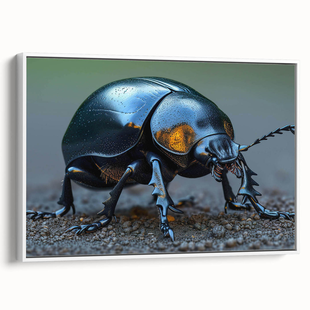 Framed wall art featuring a vibrant beetle and arachnid design in bold colors, displayed against a white background, perfect for insect enthusiasts and modern decor.