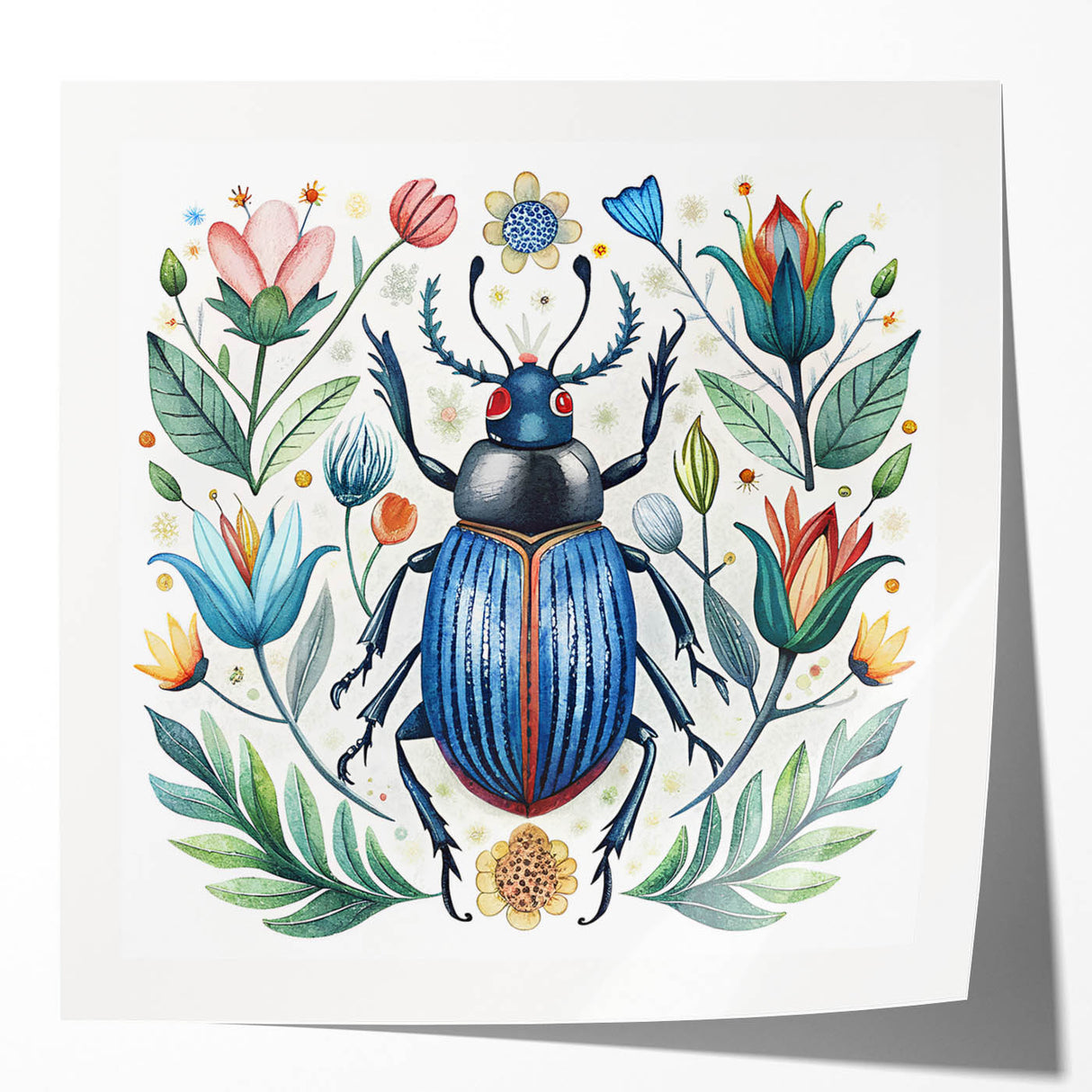 Colorful beetle and arachnid wall art collection displayed in a mockup setting, showcasing intricate designs and glossy finish, ideal for nature enthusiasts.