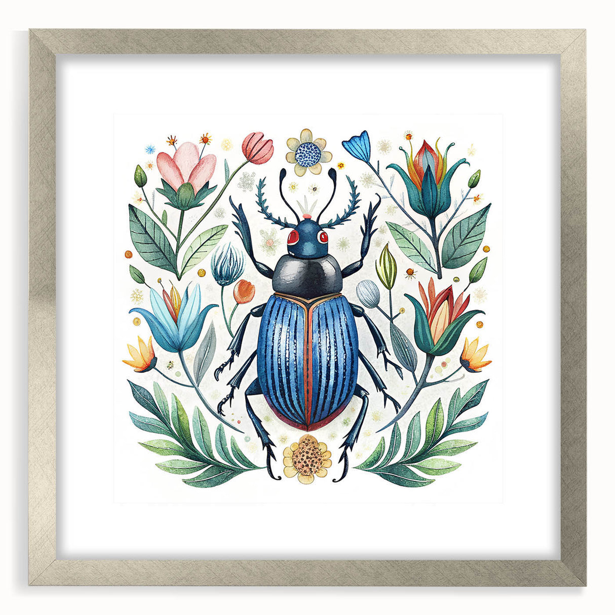 Framed wall art featuring a detailed beetle design from the Insect and Arachnid collection, showcasing vibrant colors and a sleek silver frame with matting.