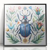 Framed wall art featuring a detailed insect and arachnid beetle design in vibrant colors, showcased in a sleek black frame, ideal for nature enthusiasts and modern decor.