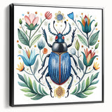 Framed wall art showcasing a detailed insect and arachnid beetle design, featuring vibrant colors on a black background, enhancing modern home decor aesthetics.
