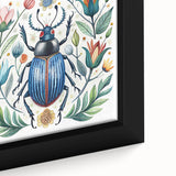 Close-up of a framed canvas wall art piece featuring a detailed beetle design, showcasing intricate textures and vibrant colors, perfect for insect lovers and home decor enthusiasts.