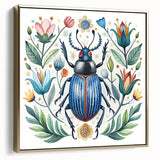 Framed wall art featuring a vibrant beetle and arachnid design in gold tones, showcasing intricate details and textures, perfect for nature enthusiasts and modern decor.