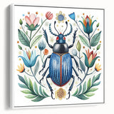 Framed canvas wall art showcasing a colorful beetle design, featuring intricate details and vibrant hues on a white background, ideal for modern home decor.
