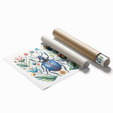 Colorful beetle and arachnid illustrations on a rolled wall art print, showcasing intricate details and designs, ideal for nature enthusiasts and home decor.