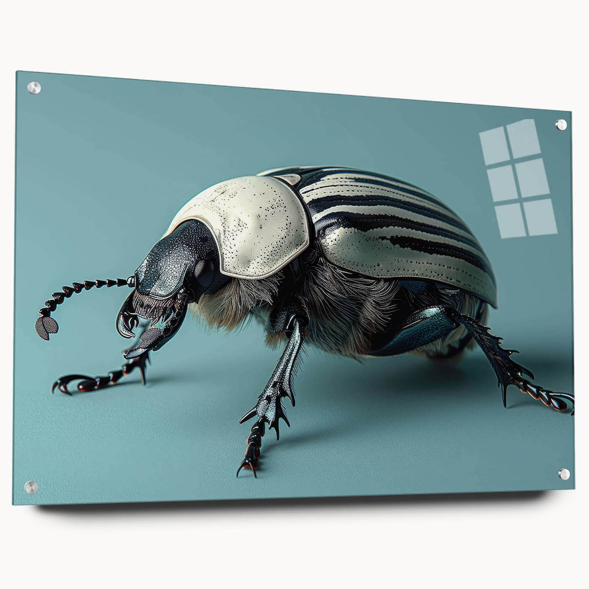 Side view of a colorful beetle design wall art piece, displayed on clear acrylic glass with pins, showcasing intricate insect and arachnid details, perfect for nature enthusiasts.