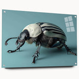 Side view of a colorful beetle design wall art piece, displayed on clear acrylic glass with pins, showcasing intricate insect and arachnid details, perfect for nature enthusiasts.