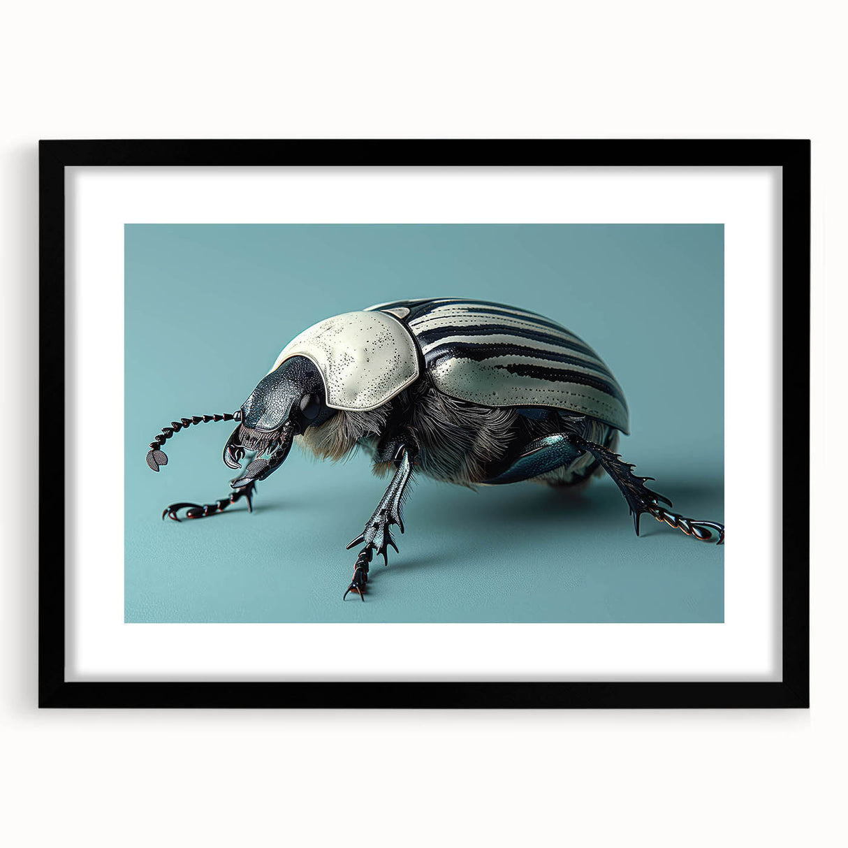 Black-framed wall art showcasing a detailed beetle and arachnid design, featuring intricate illustrations and a stylish mat around the artwork, perfect for nature lovers.