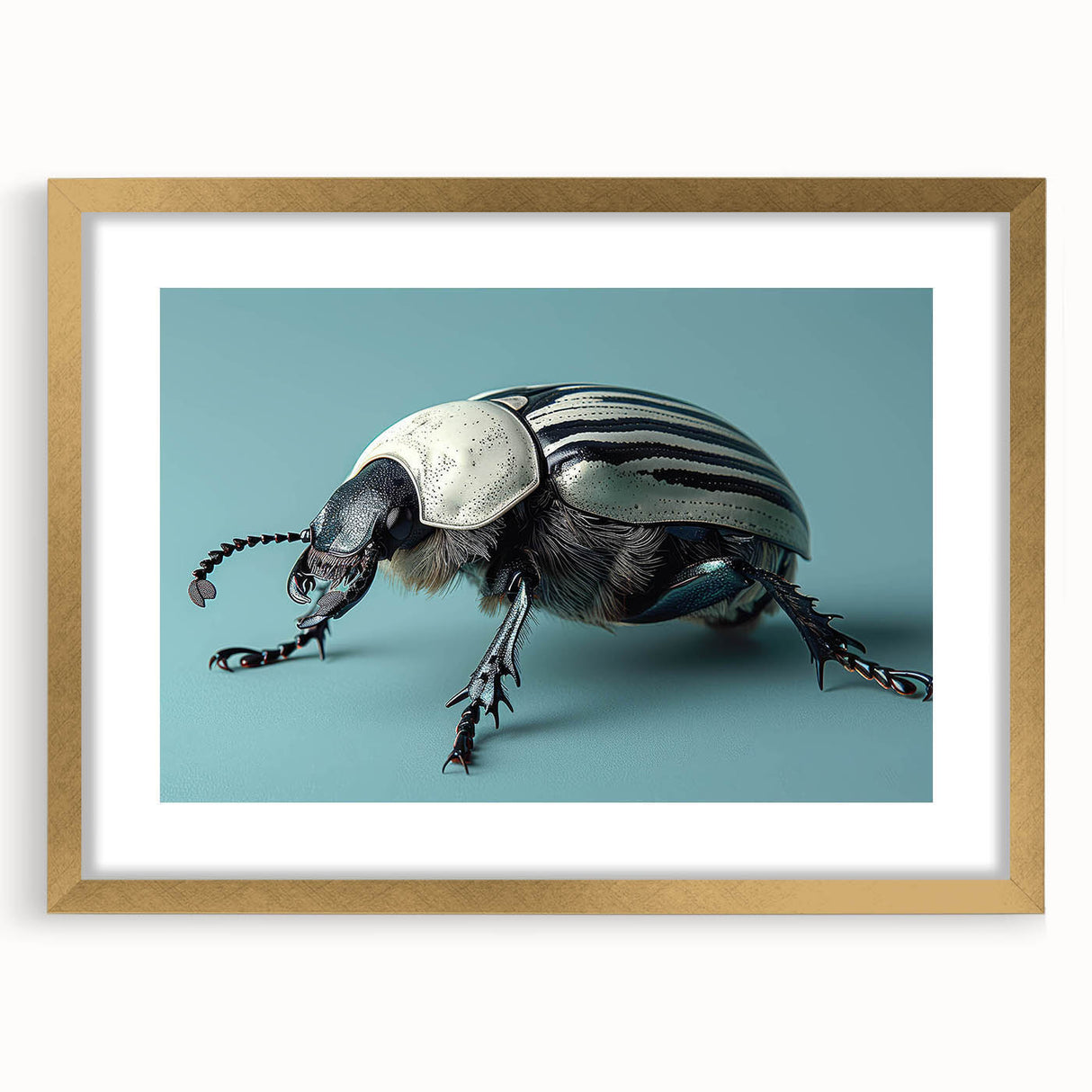 Beetle-themed wall art collection featuring a gold-framed design with a mat, showcasing intricate insect and arachnid illustrations, ideal for nature lovers.
