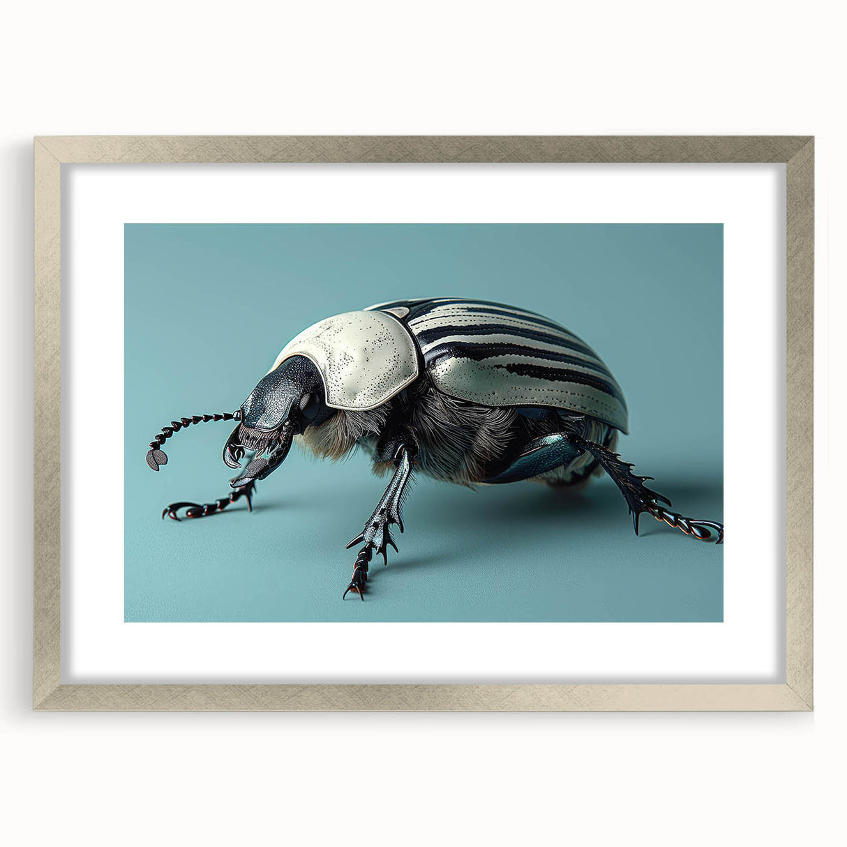 Framed wall art featuring a detailed beetle design in a silver frame with a mat, perfect for insect lovers and unique home decor. The intricate illustration showcases vibrant colors and artistic details, enhancing any room's aesthetic.