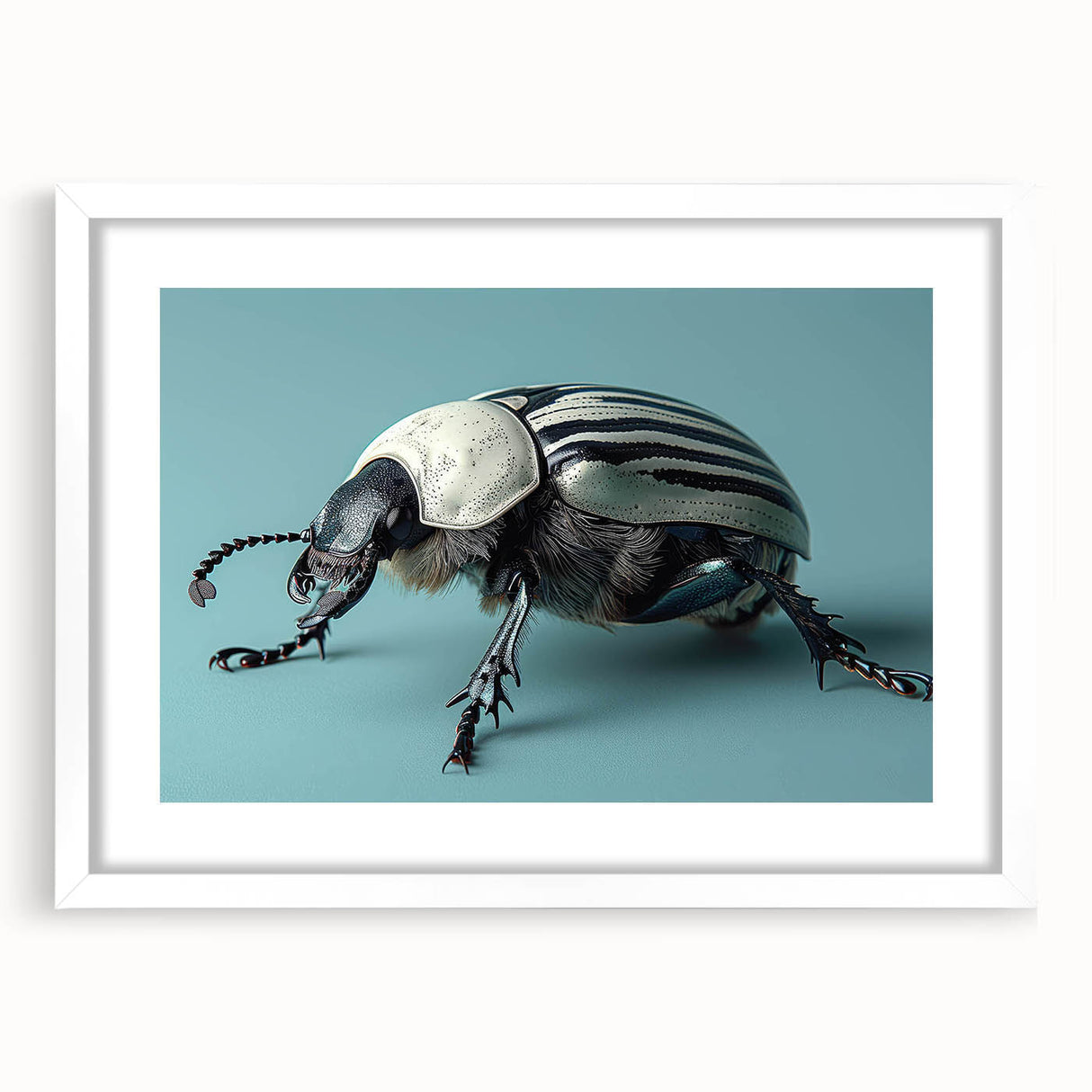 Framed wall art collection showcasing intricately designed beetles and arachnids, featuring a white mat and sleek frame, perfect for insect enthusiasts and home decor.
