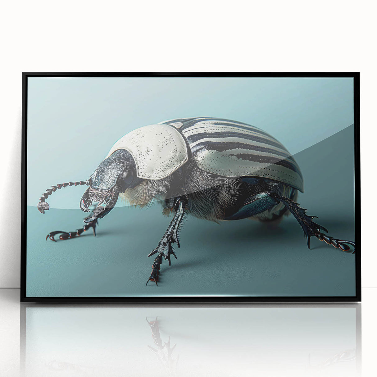 Framed wall art featuring a detailed beetle design, showcasing vibrant colors against a sleek black frame, ideal for insect enthusiasts and modern decor.