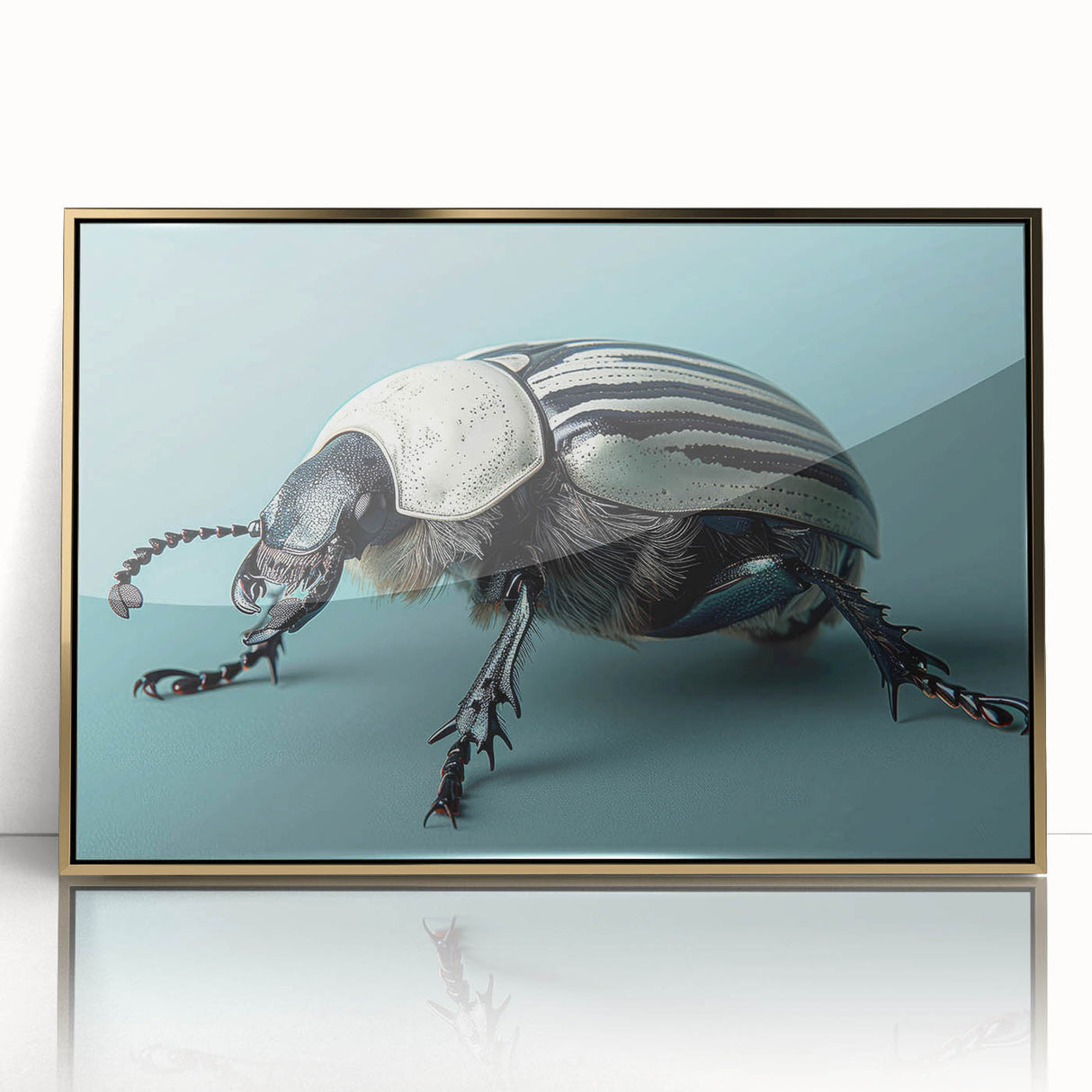 Framed wall art featuring a detailed insect and arachnid beetle design with gold accents, showcasing vibrant colors and intricate patterns, ideal for nature enthusiasts.