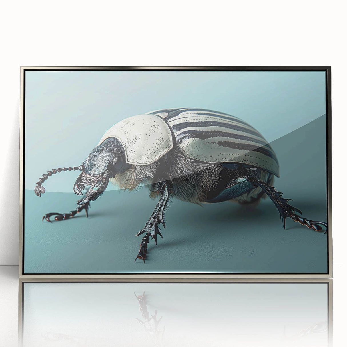 Framed wall art showcasing a detailed insect and arachnid beetle design in vibrant colors, with a sleek silver frame, perfect for enhancing modern decor.