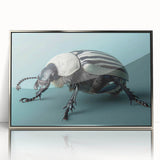Framed wall art showcasing a detailed insect and arachnid beetle design in vibrant colors, with a sleek silver frame, perfect for enhancing modern decor.