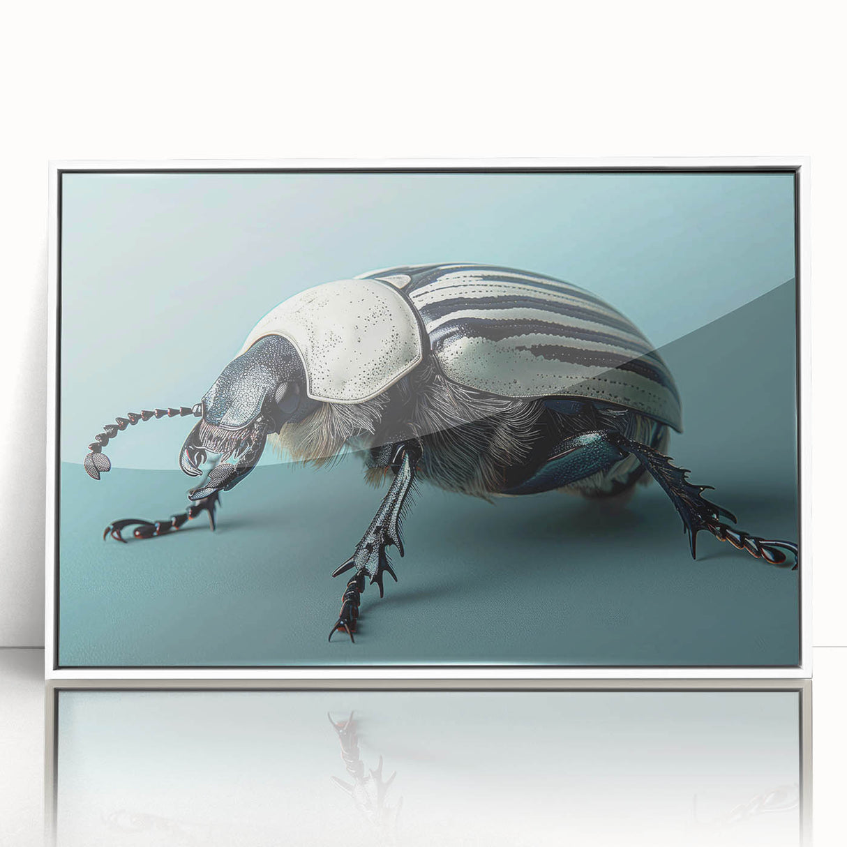 Framed wall art showcasing a detailed beetle design in vibrant colors, set against a white background, ideal for insect enthusiasts and modern decor.