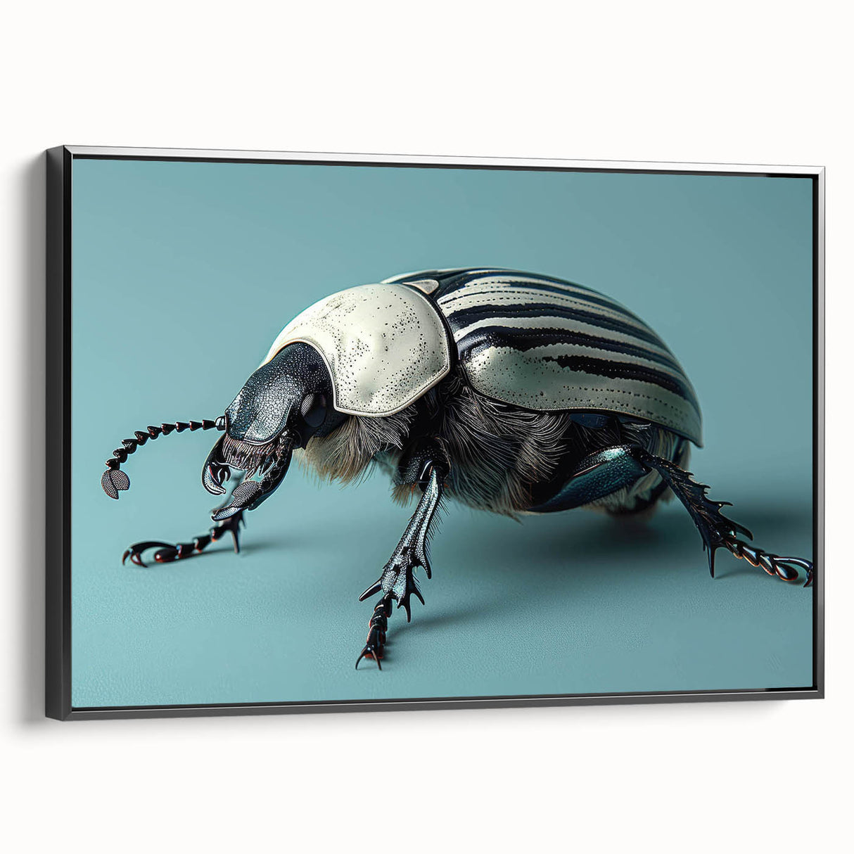 Framed wall art featuring a detailed insect and arachnid beetle design on a black canvas, showcasing vibrant colors and intricate patterns, ideal for entomology enthusiasts.