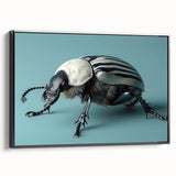 Framed wall art featuring a detailed insect and arachnid beetle design on a black canvas, showcasing vibrant colors and intricate patterns, ideal for entomology enthusiasts.