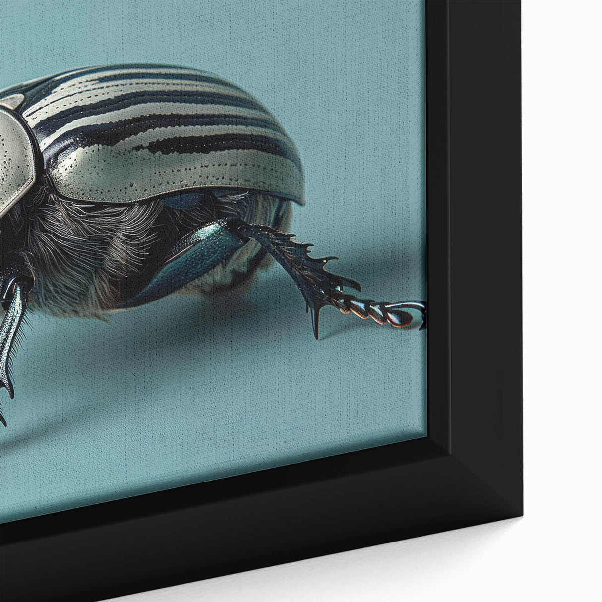 Close-up of a framed canvas wall art featuring a detailed insect and arachnid beetle design. The vibrant colors and intricate patterns highlight the unique characteristics, perfect for adding a touch of nature-inspired decor to any space.