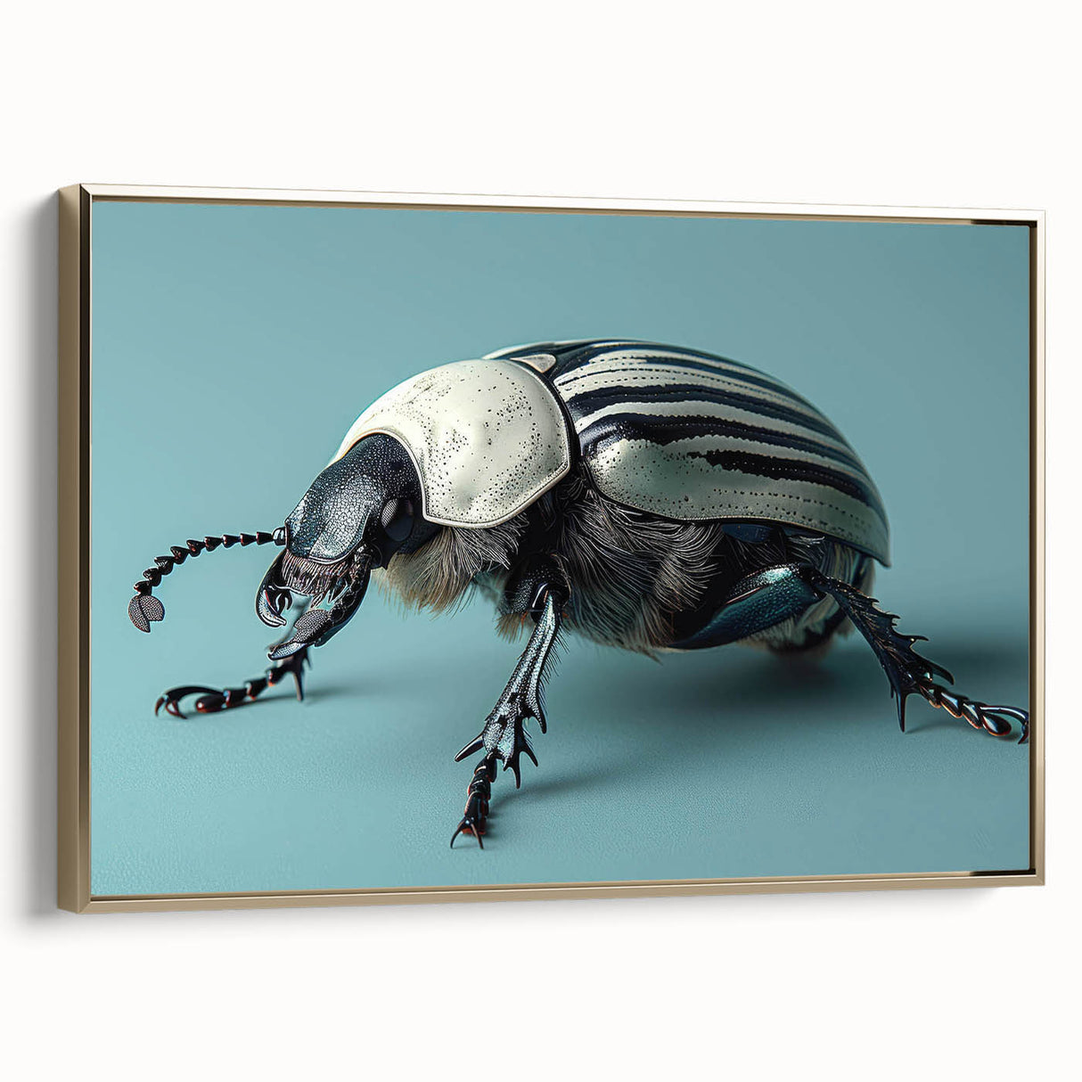 Gold-framed wall art showcasing a detailed beetle design from the Insect and Arachnid collection, set against a textured background, perfect for nature lovers.