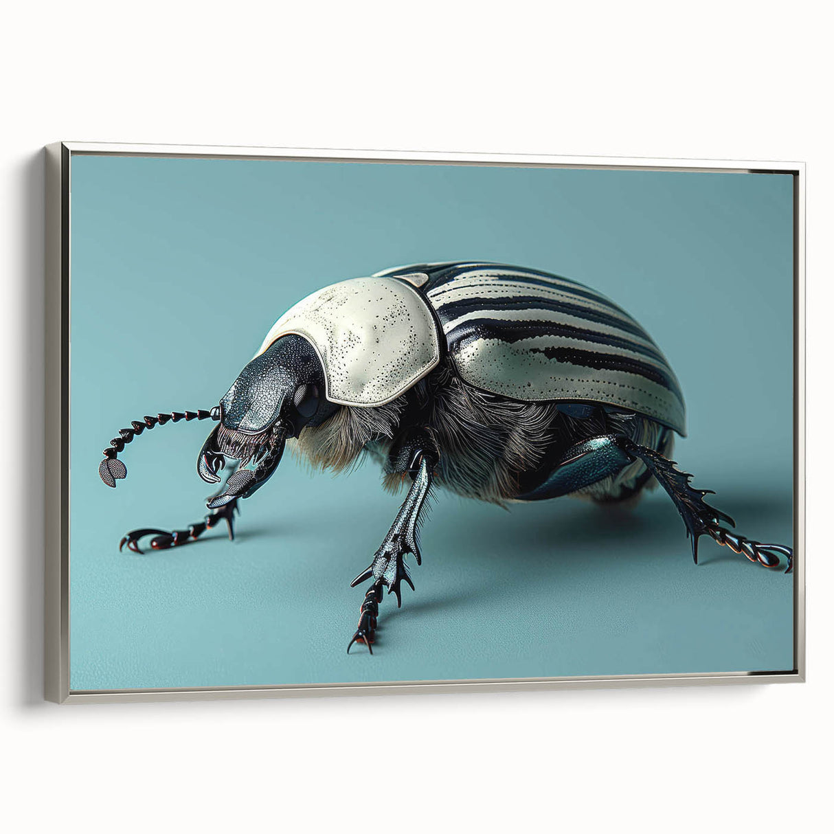 Framed wall art showcasing a detailed beetle design in vibrant colors, featuring a silver frame that enhances its elegance. Perfect for nature enthusiasts and modern decor.