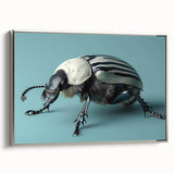 Framed wall art showcasing a detailed beetle design in vibrant colors, featuring a silver frame that enhances its elegance. Perfect for nature enthusiasts and modern decor.