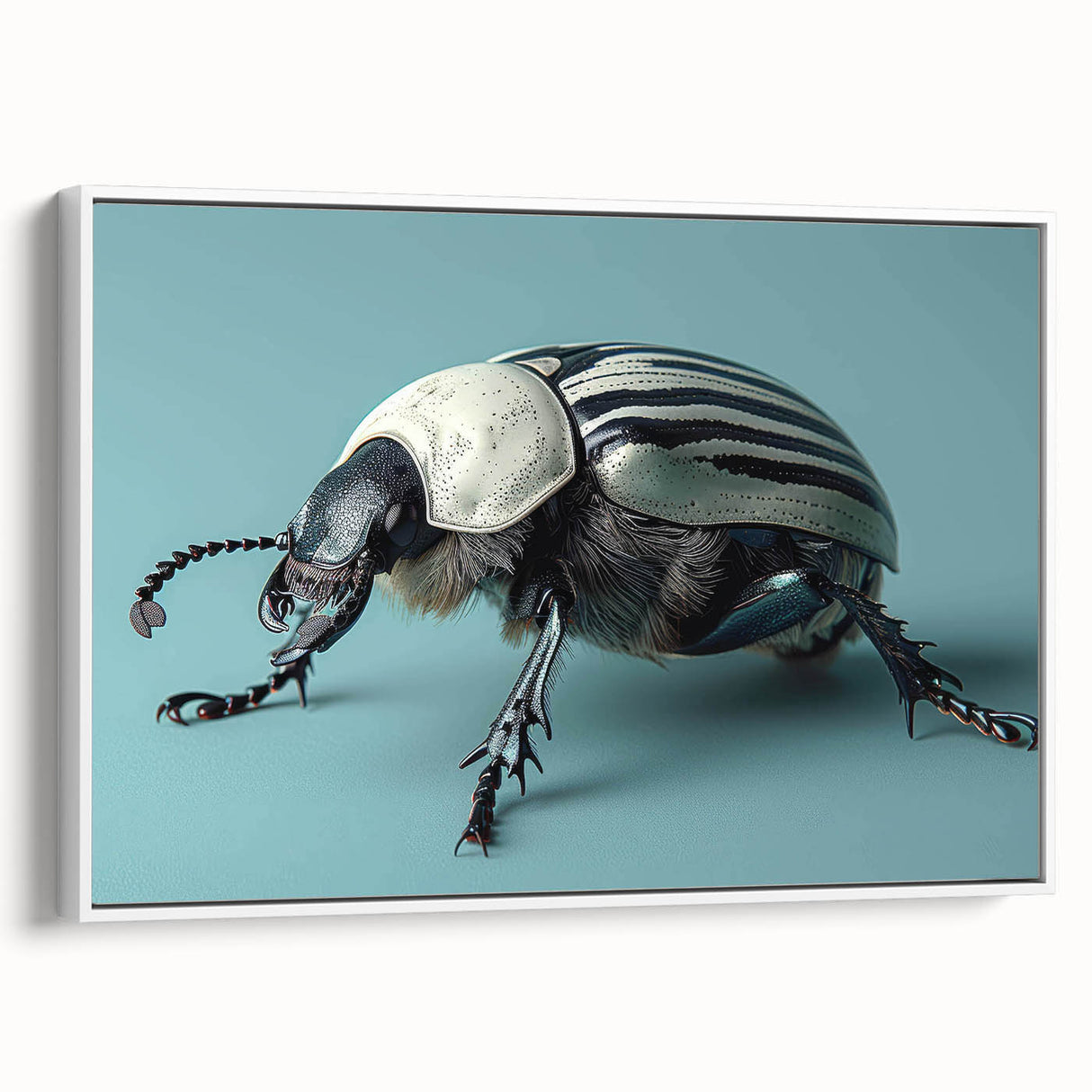 Framed wall art showcasing a detailed beetle and arachnid design on a white canvas, presented in a side view, perfect for insect lovers and home decor enthusiasts.