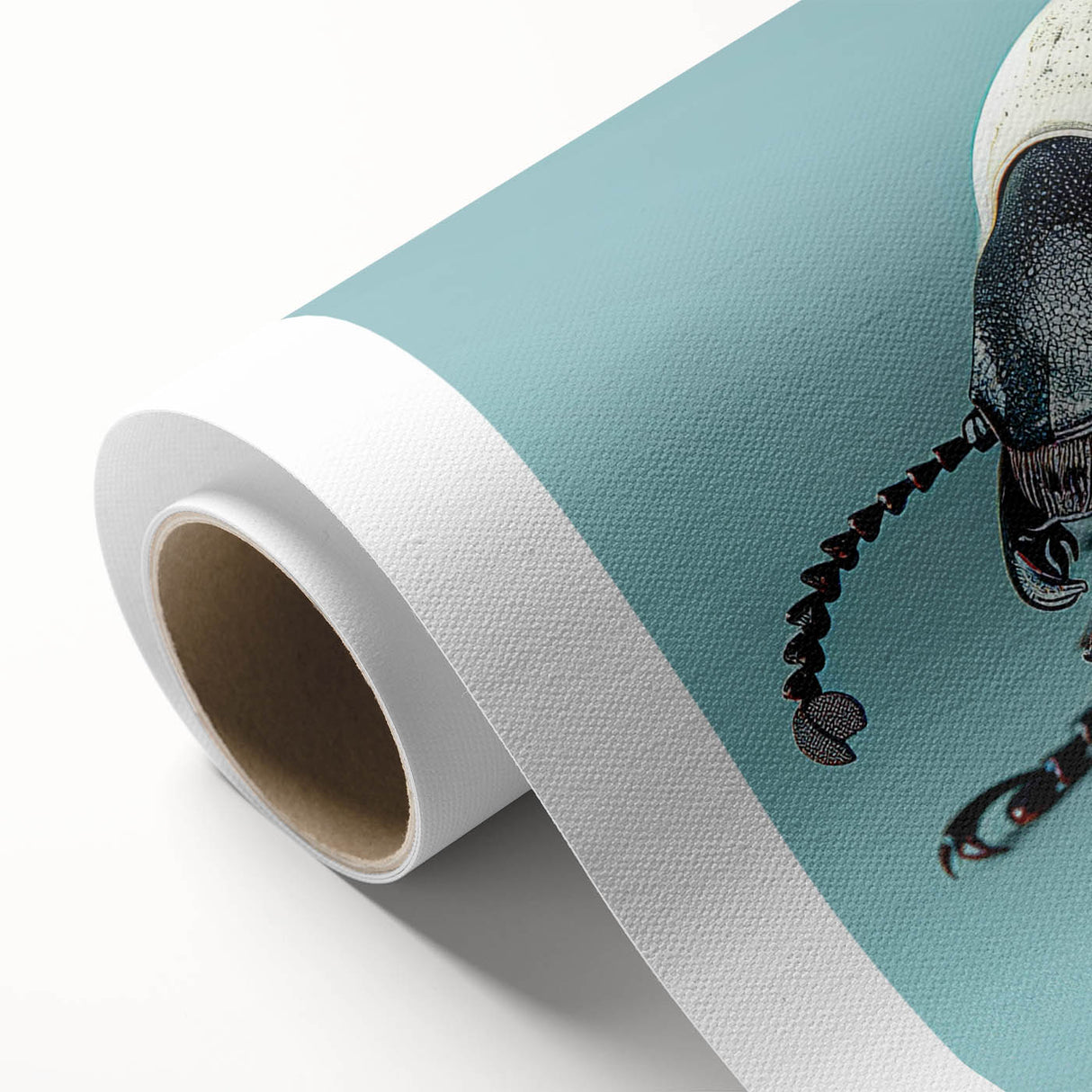 Rolled canvas showcasing a detailed beetle and arachnid design, featuring vibrant colors and intricate patterns, perfect for nature-themed decor or educational purposes.