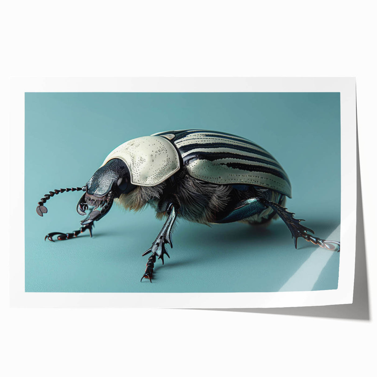 Colorful beetle and arachnid wall art print showcasing intricate insect designs on a rolled canvas, ideal for nature enthusiasts and home decor lovers.