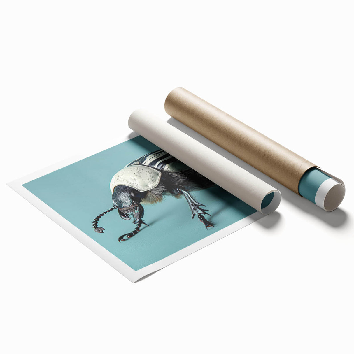 Colorful wall art print showcasing a detailed illustration of various beetles and arachnids, designed for insect enthusiasts and home decor, rolled and ready for display.