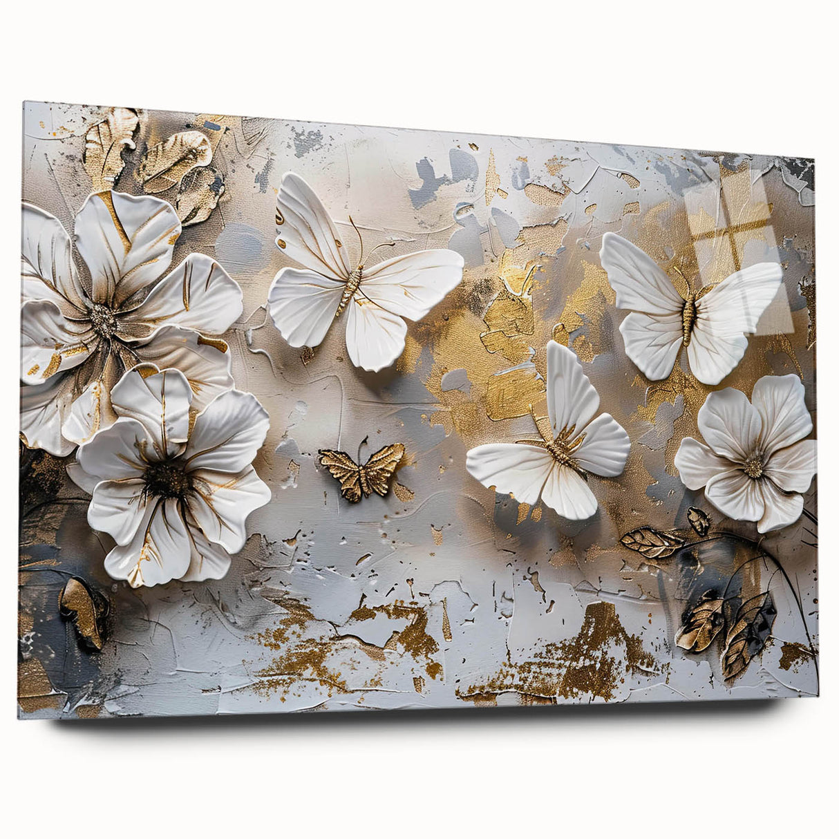 Colorful butterfly wall art design displayed in an acrylic glass frame, showcasing intricate details and vibrant hues, perfect for enhancing modern decor.