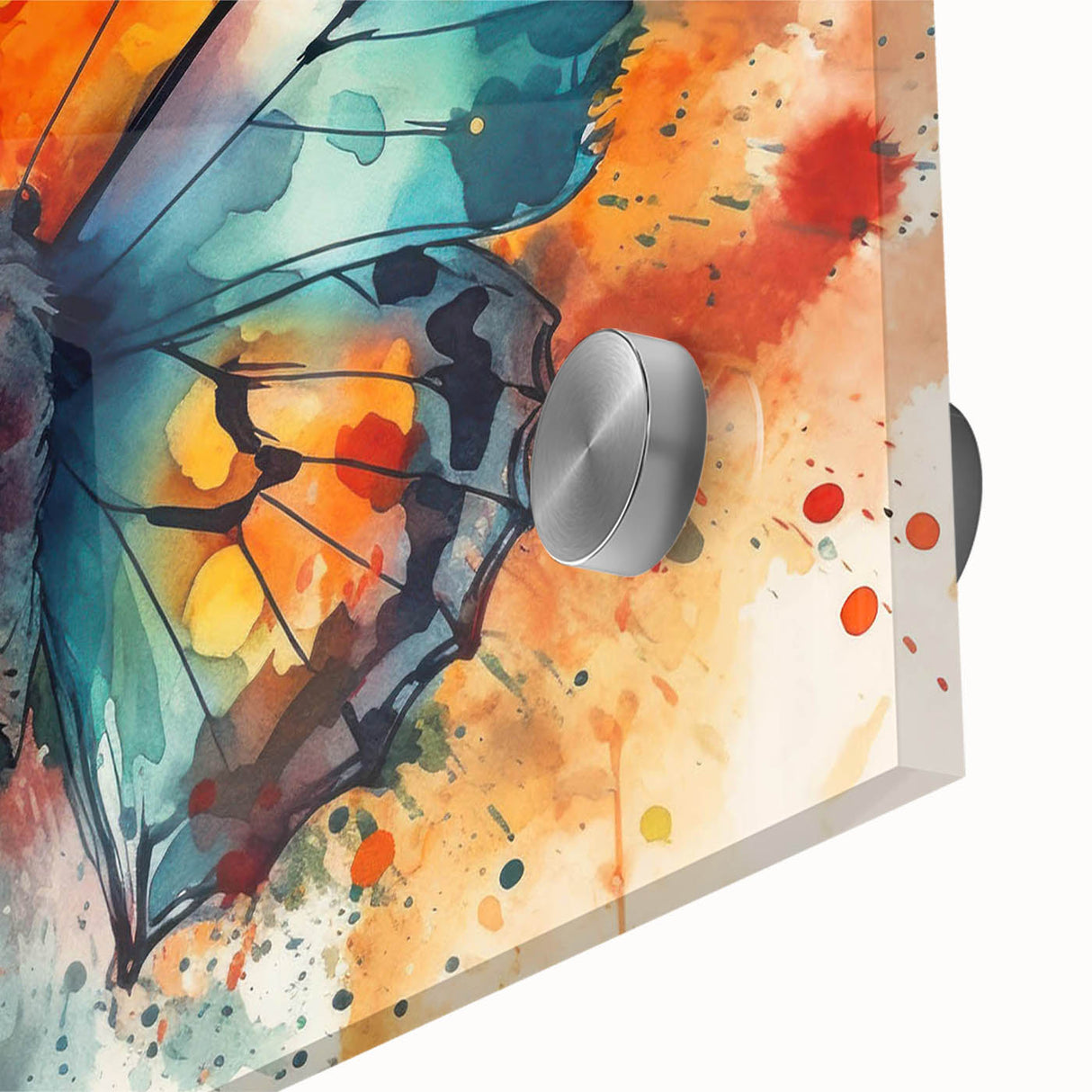 Close-up of a vibrant butterfly wall art design featuring intricate details and vivid colors, printed on acrylic glass, ideal for nature lovers and home decor enthusiasts.
