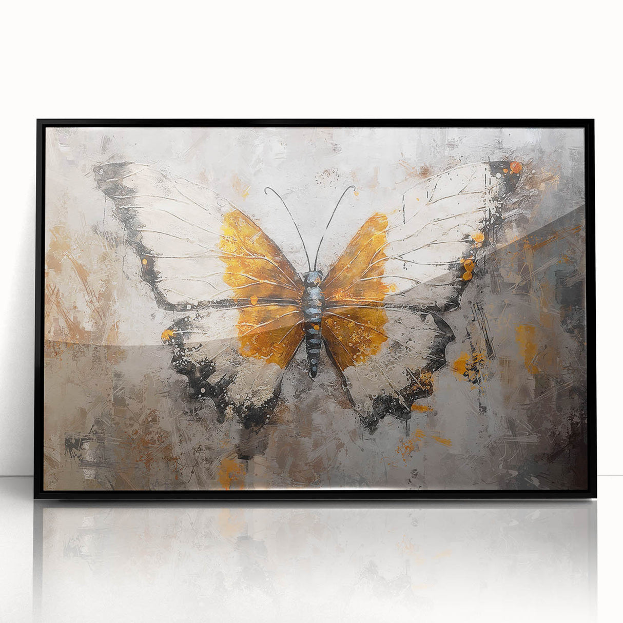 Framed wall art featuring a colorful butterfly design from the Insect and Arachnid collection, set in a sleek black frame, ideal for nature-themed decor.