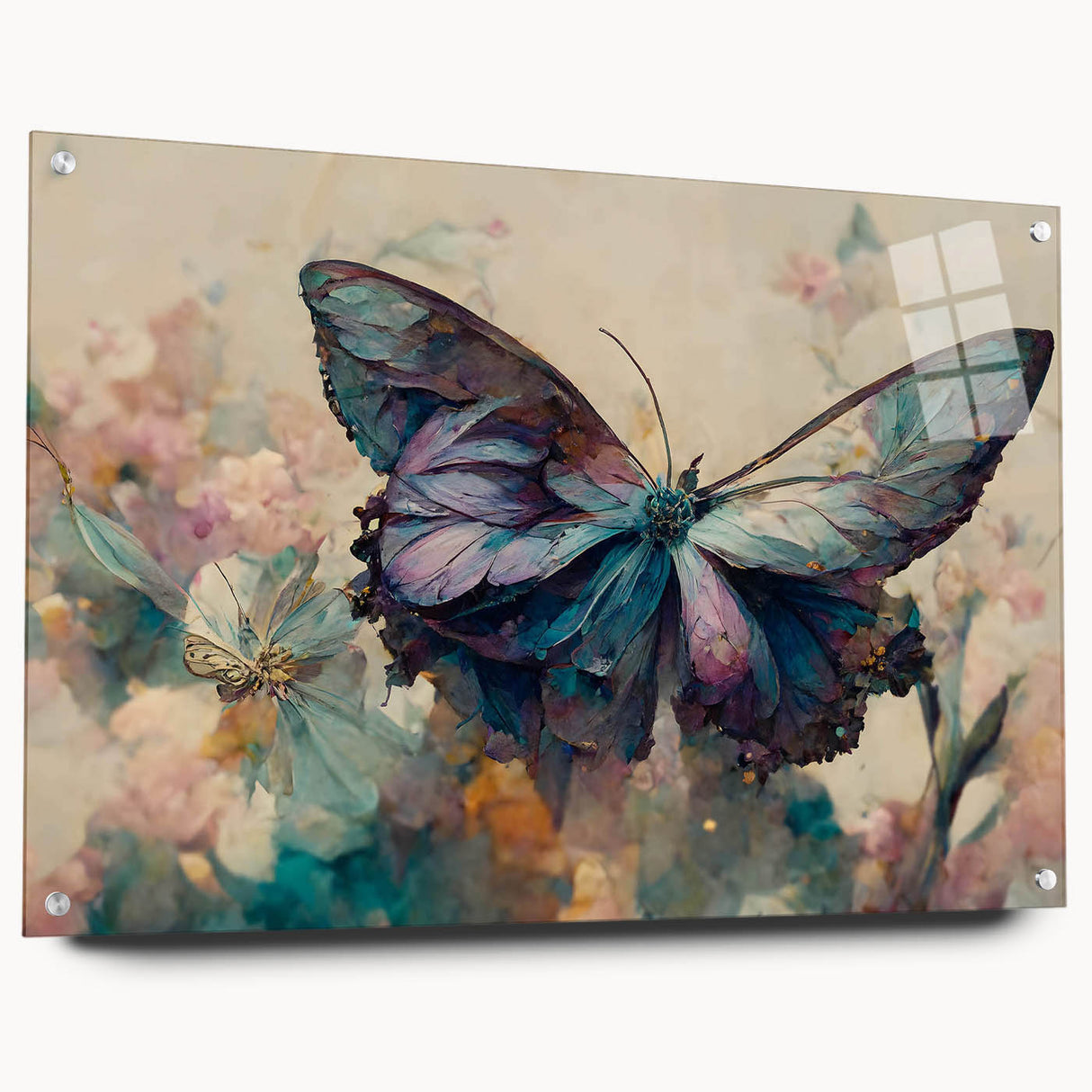 Colorful butterfly wall art displayed in a sleek acrylic frame, showcasing intricate insect and arachnid designs with visible mounting pins, perfect for modern decor.