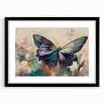 Framed wall art featuring a vibrant butterfly and insect design, showcasing intricate details with a black frame and mat, perfect for modern decor.