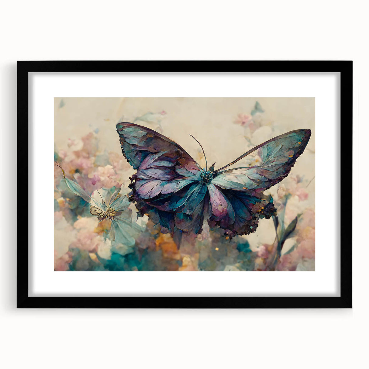 Framed wall art featuring a vibrant butterfly and insect design, showcasing intricate details with a black frame and mat, perfect for modern decor.