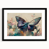 Framed wall art featuring a vibrant butterfly and insect design, showcasing intricate details with a black frame and mat, perfect for modern decor.