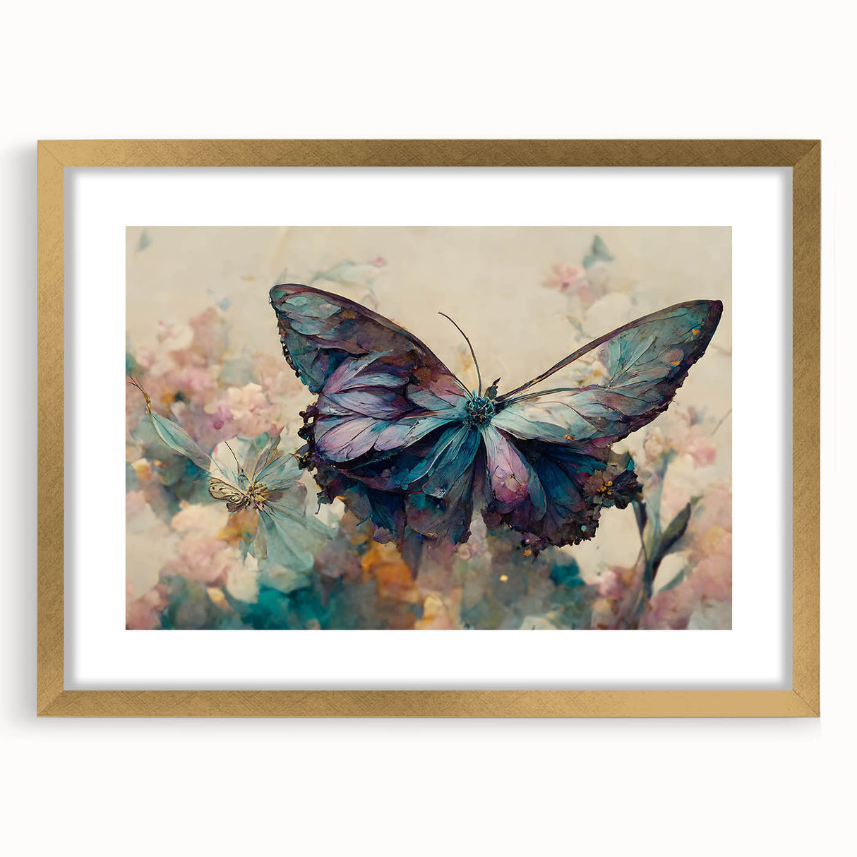 Framed wall art featuring a vibrant butterfly design from the Insect and Arachnid collection, elegantly presented with a gold frame and mat, perfect for home decor.