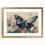 Framed wall art featuring a vibrant butterfly design from the Insect and Arachnid collection, elegantly presented with a gold frame and mat, perfect for home decor.
