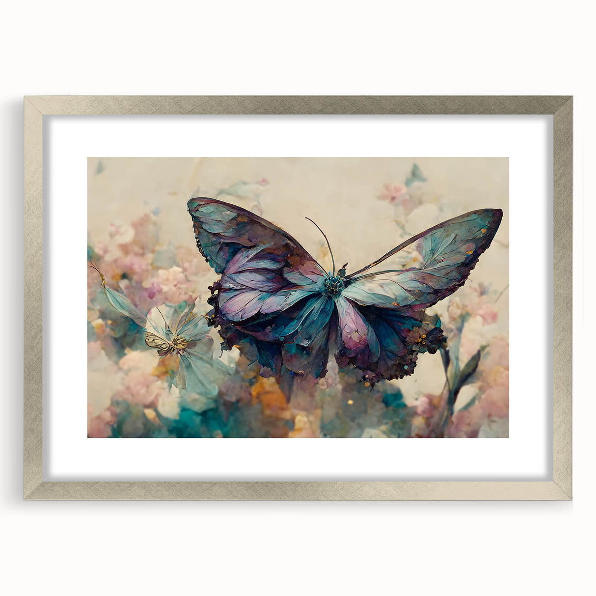 Framed wall art featuring a vibrant butterfly design from the Insect and Arachnid collection, elegantly presented in a silver frame with a white mat, perfect for nature enthusiasts.