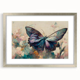 Framed wall art featuring a vibrant butterfly design from the Insect and Arachnid collection, elegantly presented in a silver frame with a white mat, perfect for nature enthusiasts.