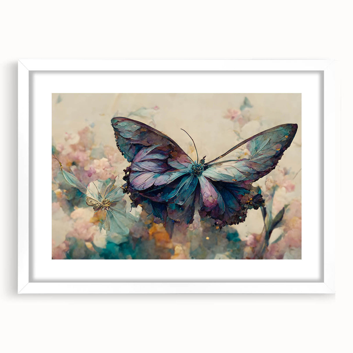 Framed wall art featuring intricate butterfly and insect designs, displayed with a white mat, ideal for enhancing home decor with nature-inspired elegance.